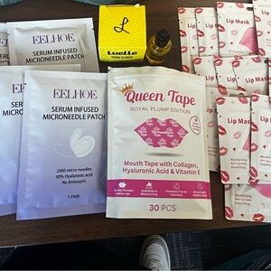 Lot of Queen Tape, microneedle eye patches, lip masks, plant nose strips
